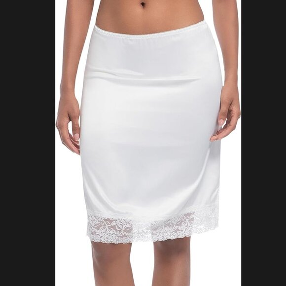 Half Slip Satin Underskirt with Lace Trim and Elastic Waistband (White) - Picture 1 of 7